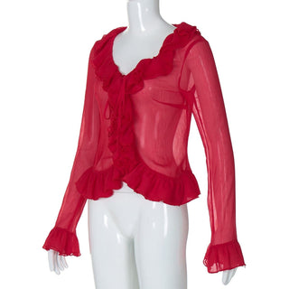 Long flared sleeve chiffon ruffle top