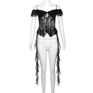 Off shoulder lace ruffle hollow out cut out top