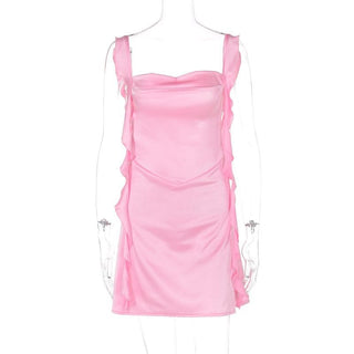 Cowl neck ruffle satin ruched cami mini dress