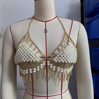 Halter tassels beaded metal chain hollow out cut out top