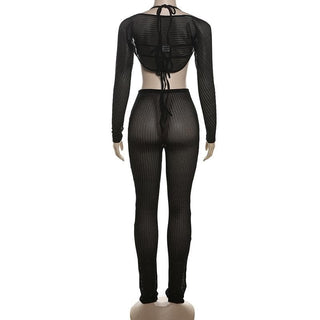 Halter shrug textured see through pant set