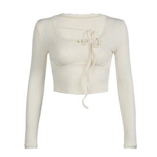 U neck long sleeve lace hem self tie crop top