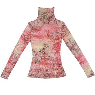 High neck long sleeve print ruffle contrast top