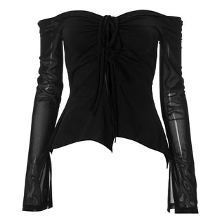 Off shoulder long sleeve mesh slit ruched self tie top