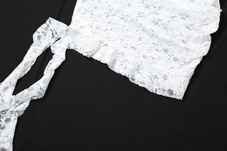 Lace see through one shoulder ruffle knotted ruched mini dress