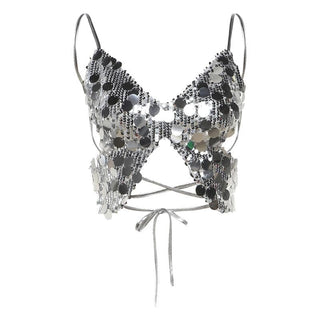 Butterfly pattern glitter lace up cami top