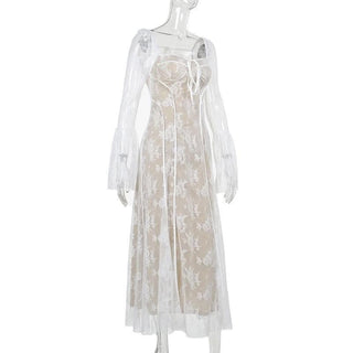 Long flared sleeve contrast zip-up lace self tie maxi dress-final-sale