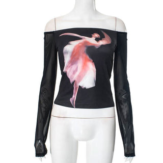 Off shoulder long sleeve character print mesh top