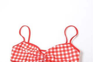 Plaid sweetheart neck ruched mesh 2 piece cami top