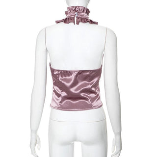 Halter ruffle ruched satin backless top