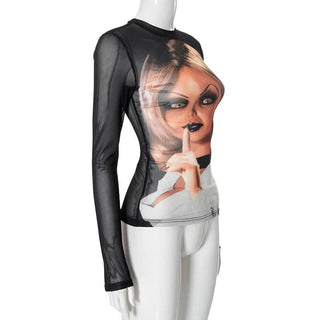 Long sleeve crewneck figure print sheer mesh top