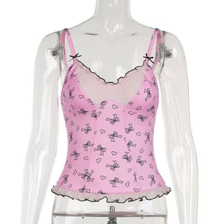 Ruffle bowknot print cami top