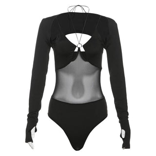 Long sleeve gloves o ring hollow out shrug 2 piece bodysuit