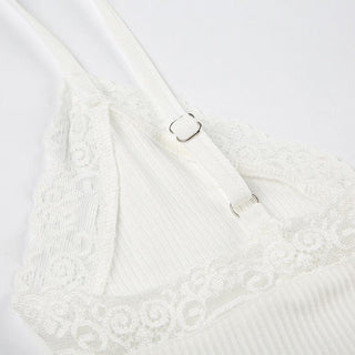 Lace hem button ribbed v neck cami bodysuit
