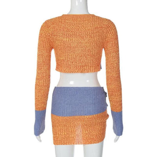 Knitted patchwork contrast long sleeve hollow out mini skirt set-final-sale