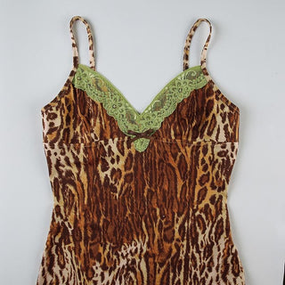 Leopard print lace hem bowknot cami mini dress