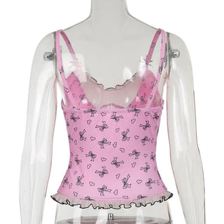 Ruffle bowknot print cami top
