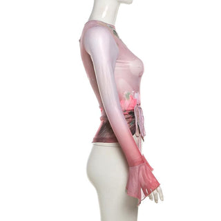 Long flared sleeve sheer mesh print top