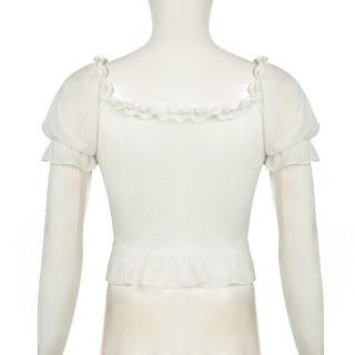 Short puff sleeve ruffle ruched knotted crop top