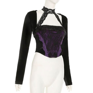 Halter long sleeve velvet lace hem 2 piece top