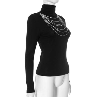 Long sleeve high neck beaded print contrast top