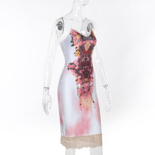 Lace hem flower print v neck cami midi dress