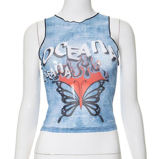 Ruffle butterfly print sheer mesh tank top