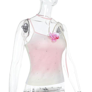 U neck gradient beaded flower applique cami top