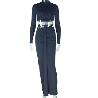 Ruched long sleeve crewneck self tie maxi skirt set