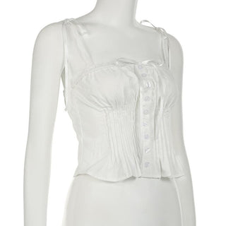 Ruched lace hem button bowknot ribbon cami top