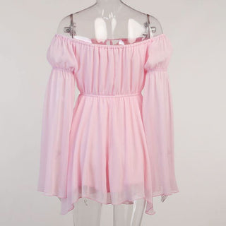 Off shoulder long flared self tie mini dress