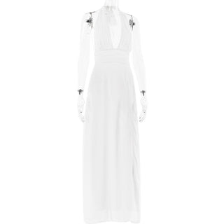 Halter deep v neck ruched high slit maxi dress