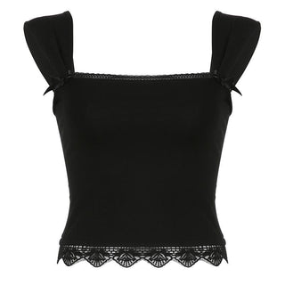 Square neck solid lace hem lace up crop top