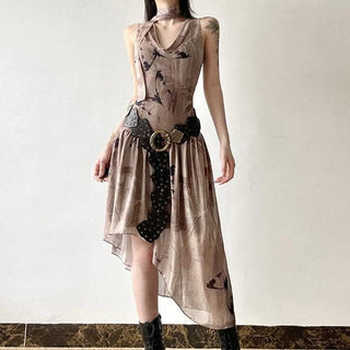 Sleeveless cowl neck print irregular ruched midi dress