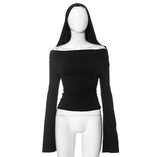 Cowl neck hoodie long flared sleeve solid 2-way top