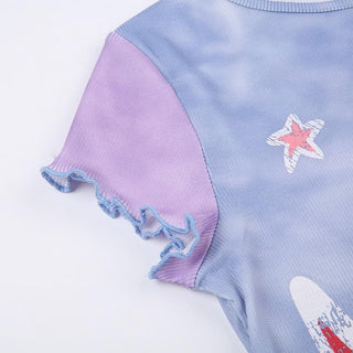 Ruffle star pattern contrast cap sleeve tie dye crop top