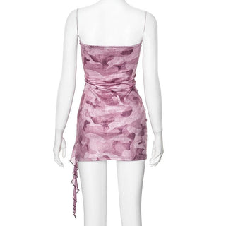 Ruffle print stitch mesh contrast backless tube mini dress