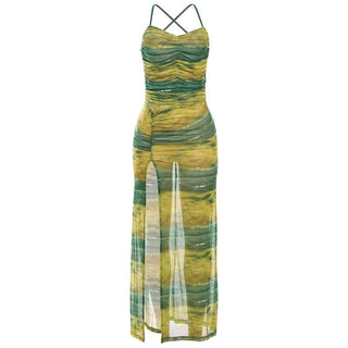 Sheer mesh contrast high slit ruched knotted cami maxi dress