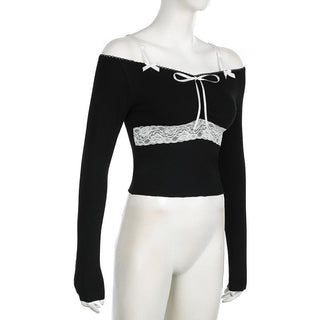 Off shoulder long sleeve lace hem bowknot top