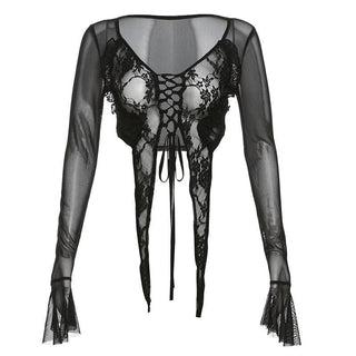 Long flared sleeve mesh see through lace up crop top