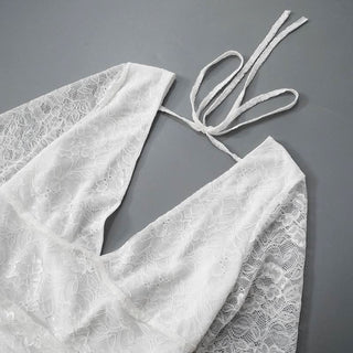 Lace v neck long sleeve self tie backless mini dress