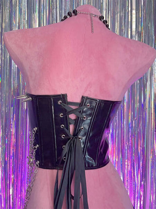 Zip-up metal chain cross applique PU leather lace up top