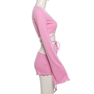 Long sleeve v neck cherry embroidery self tie pant set