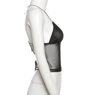 Sheer mesh butterfly applique see through backless solid top