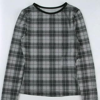 Long sleeve plaid crewneck mesh top