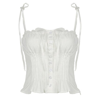 Ruched lace hem button bowknot ribbon cami top