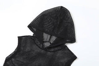 Hoodie sleeveless fishnet slit top