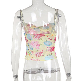 Cowl neck flower print sheer mesh cami top