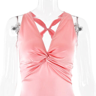 Ruched bowknot v neck satin cross back maxi dress