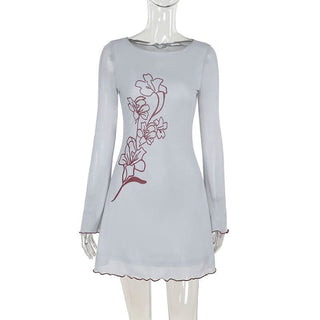 Long sleeve mesh flower print ruffle mini dress